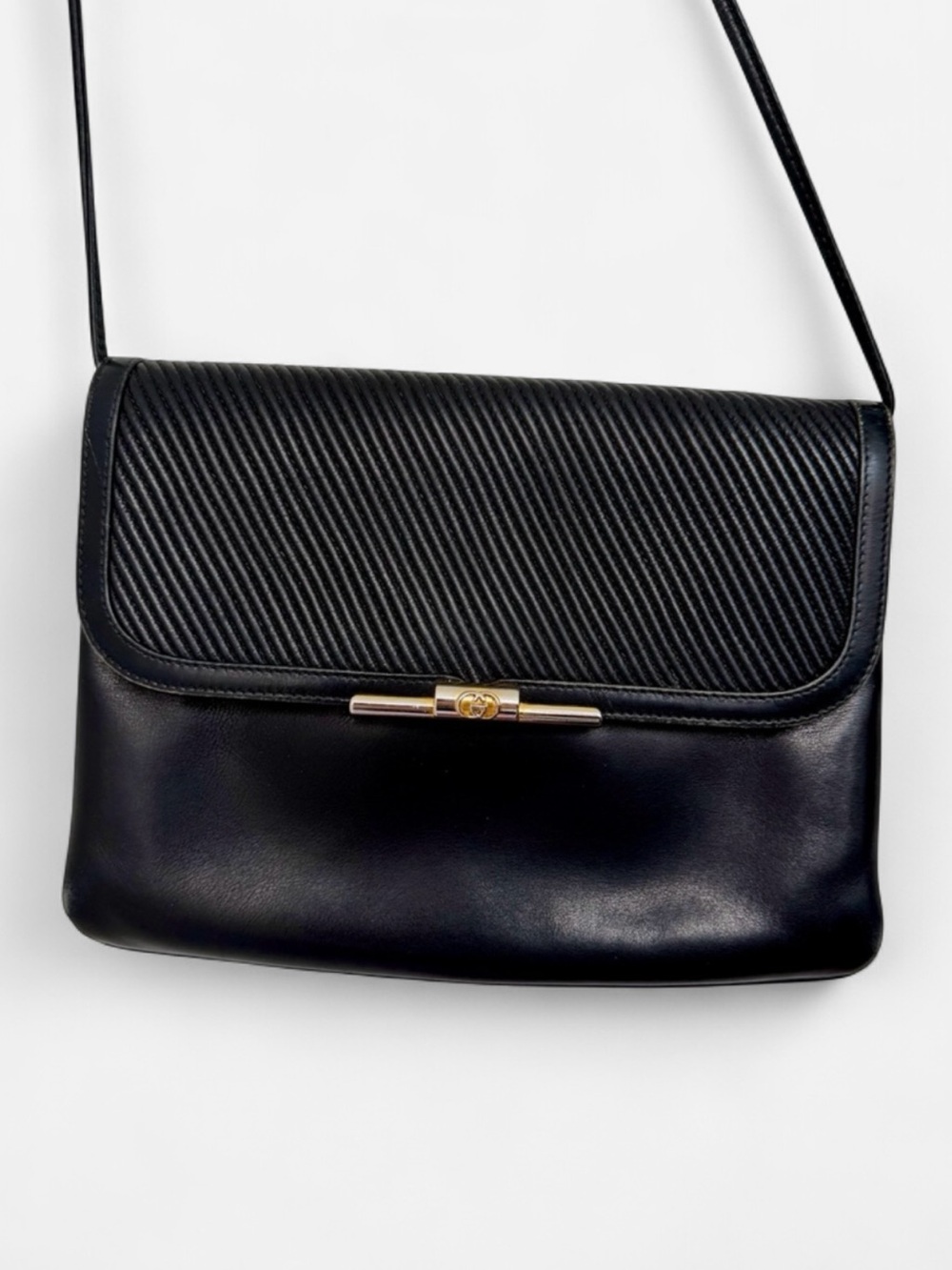 Vintage Gucci Black Leather Shoulder Bag with Gold Accent